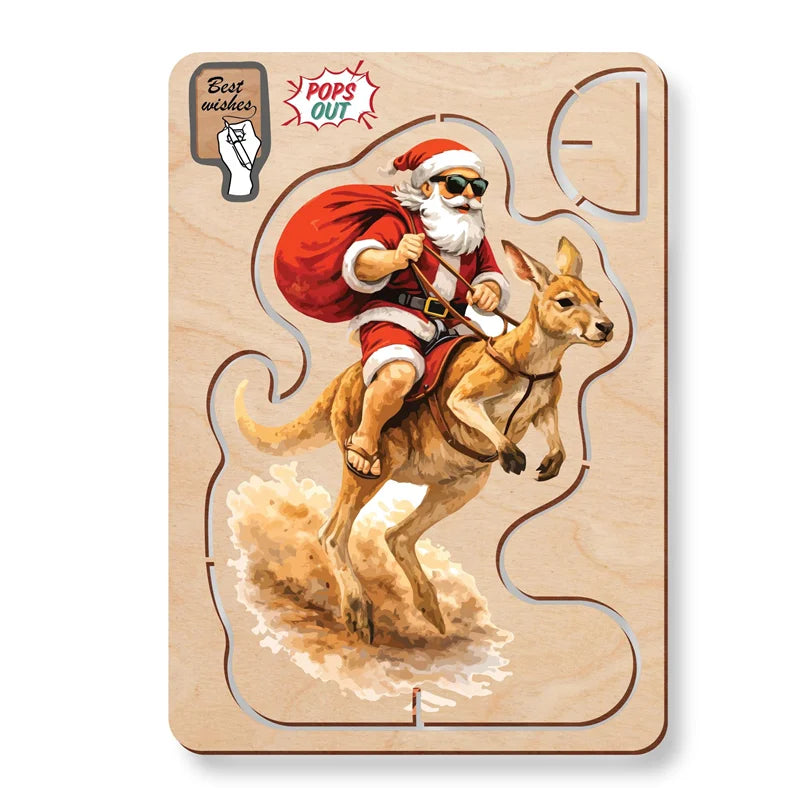 Australian Made Wooden Christmas Card - Santa Kangaroo
