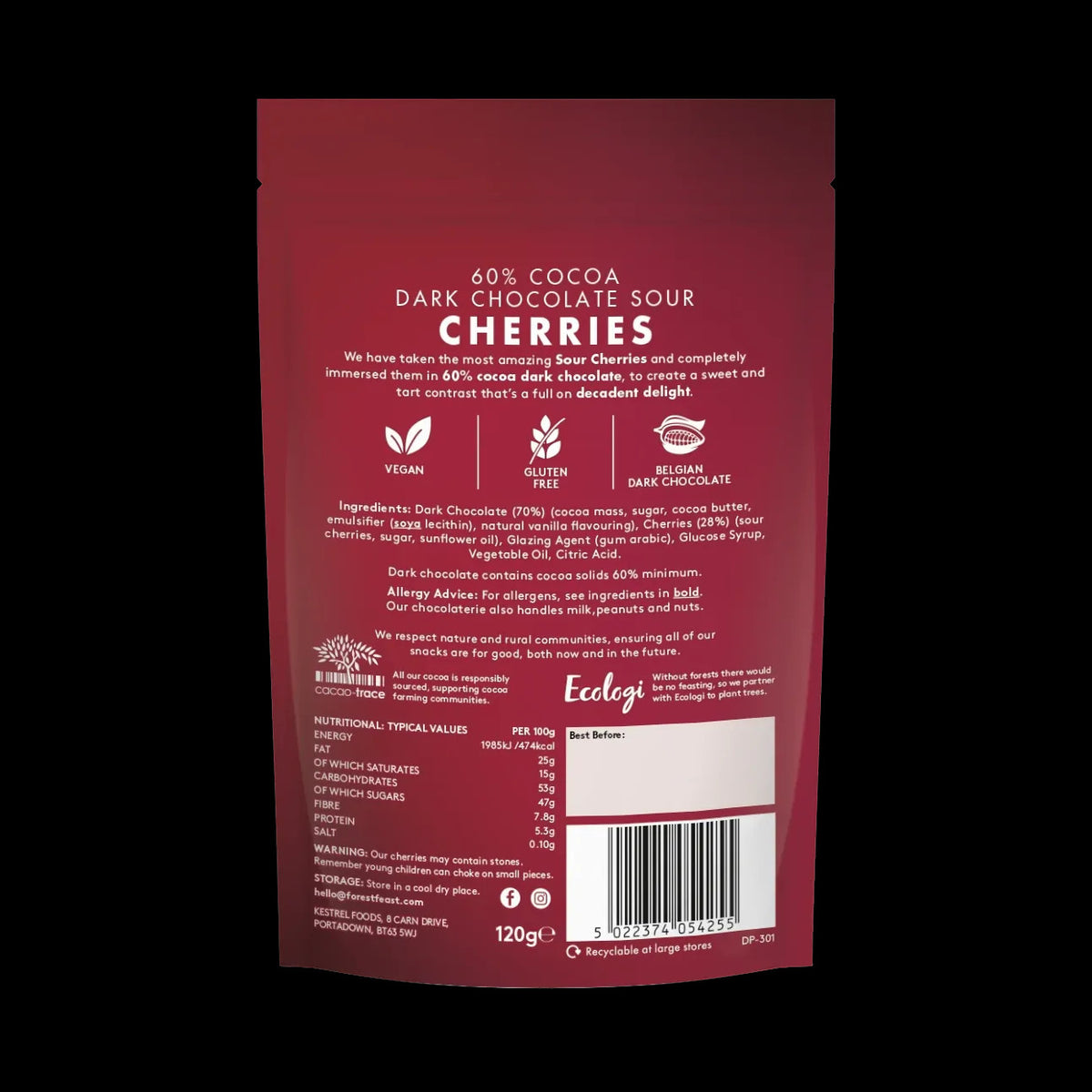 Forest Feast Belgian Dark Chocolate Sour Cherries 120g