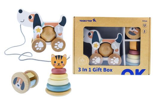 3 in 1 Wooden Baby Gift Set - Cat & Puppy Dog