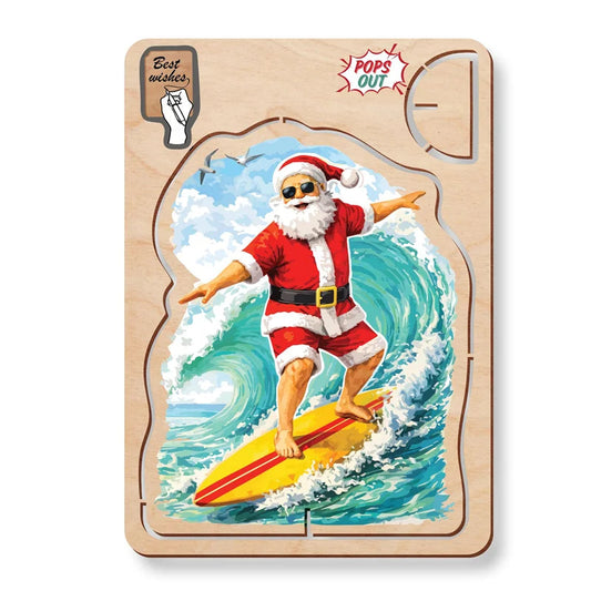 Australian Made Wooden Christmas Card - Santa Surfing