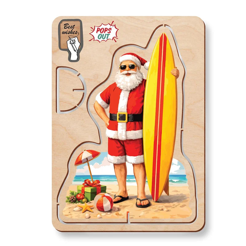 Australian Made Wooden Christmas Card - Santa Surfboard
