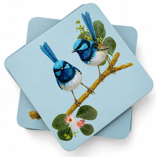 Blue Wren Cork & MDF Coasters 10cm