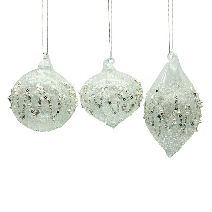 Glass Bauble White with Pearls 3 Assorted