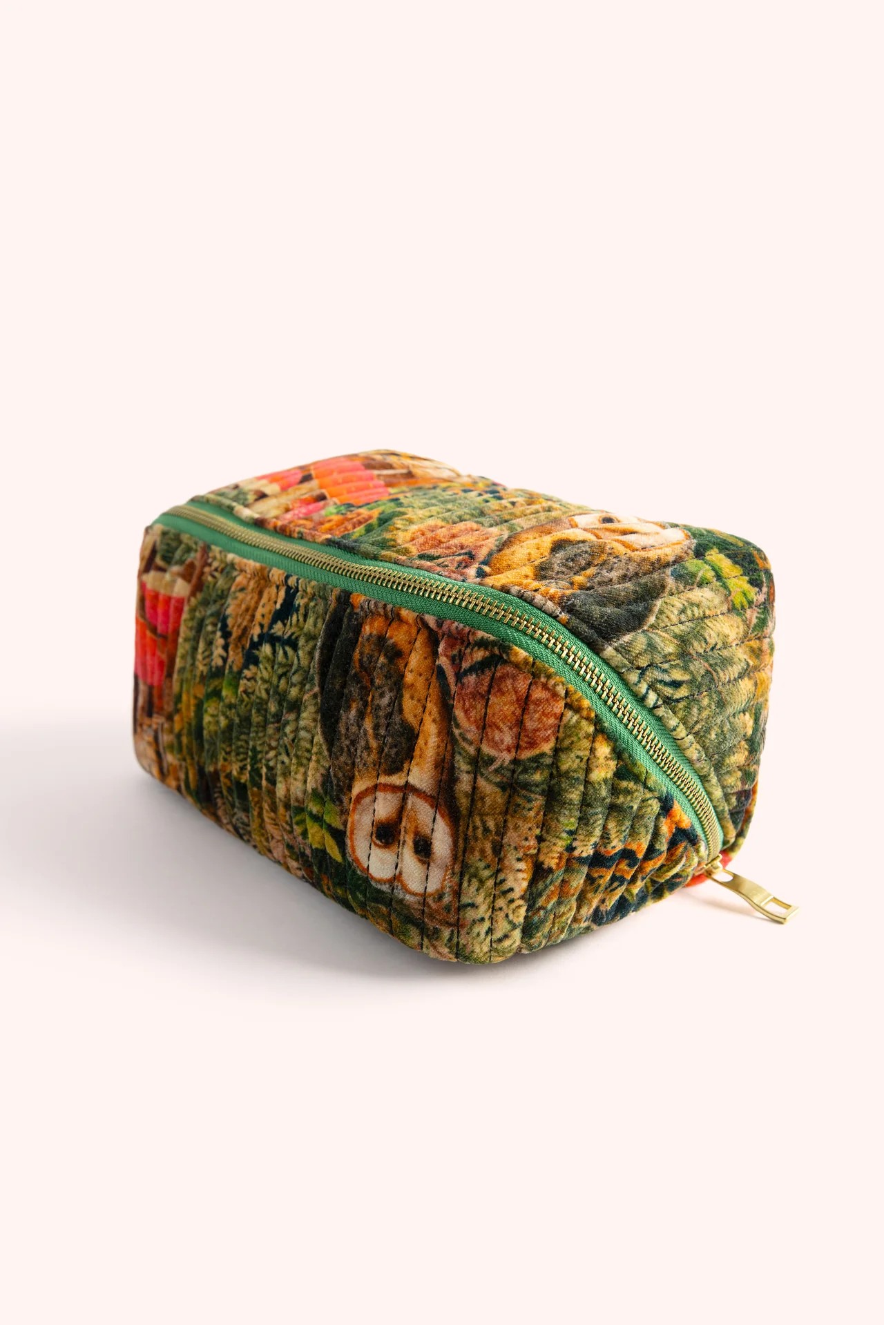Cotton Velvet Quilted Makeup Bag - Woodland Owl