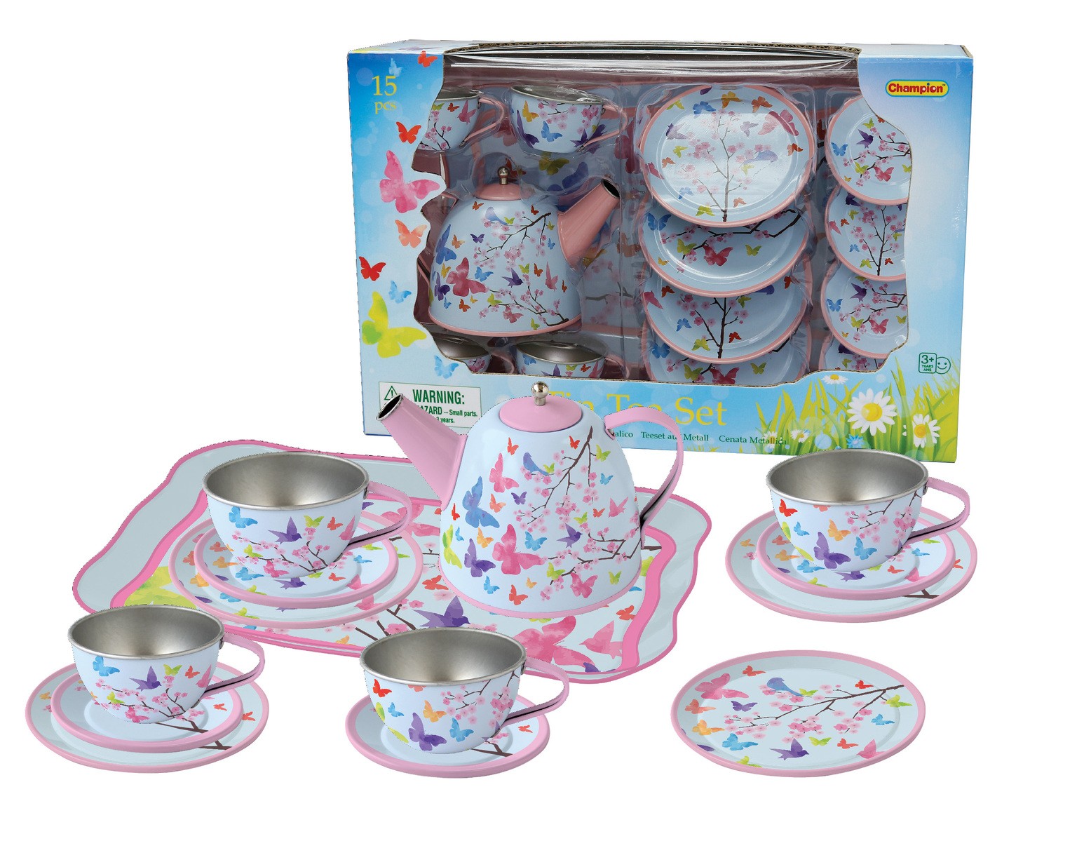 Pink Blossom Butterfly 15 Piece Tin Tea Set