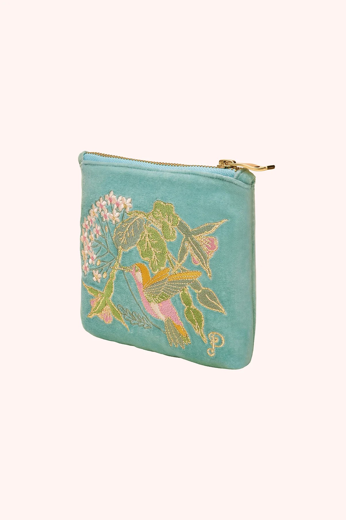 Velvet Embroidered Mini Pouch - Hummingbird, Aqua