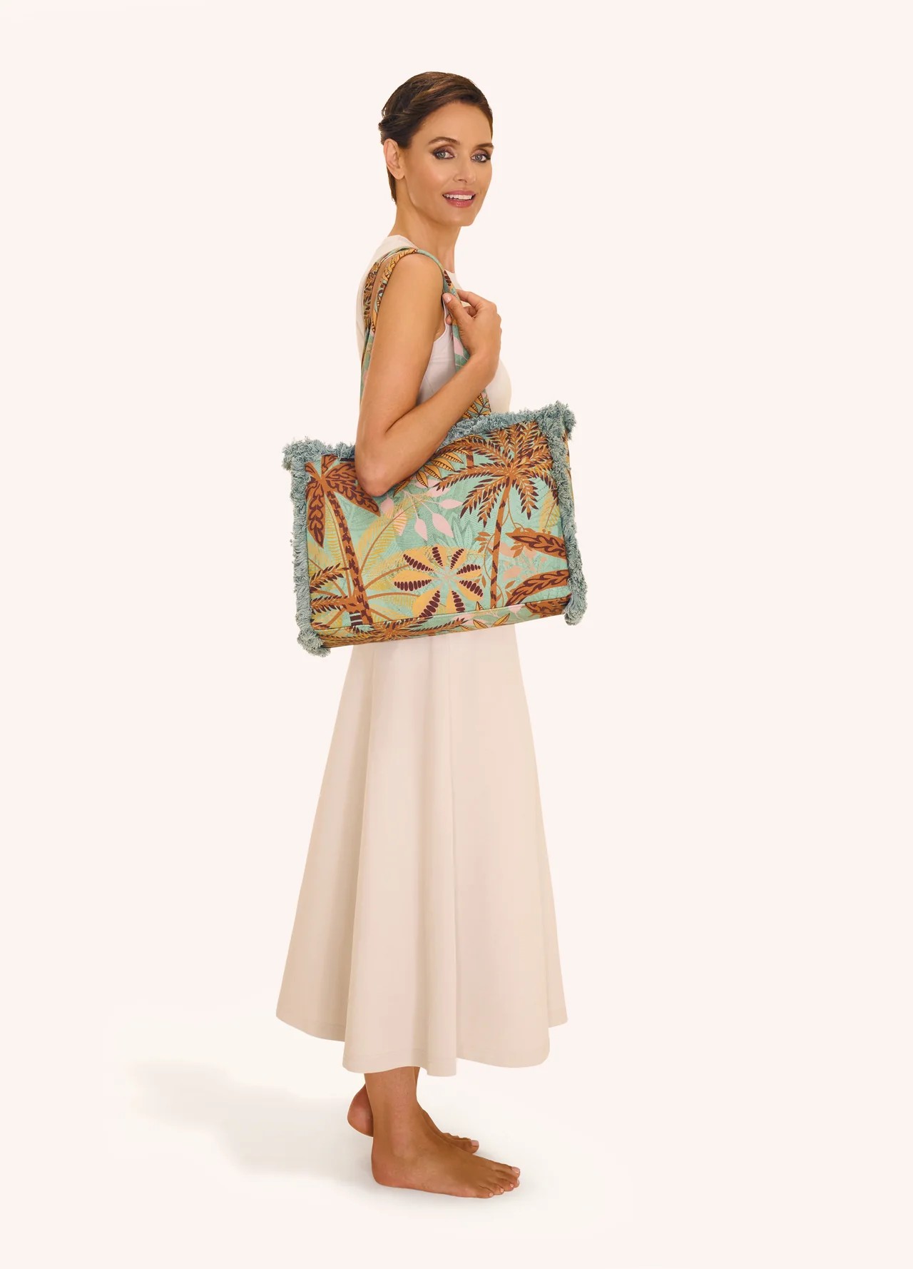 Fringed Box Tote - Patterned Palms